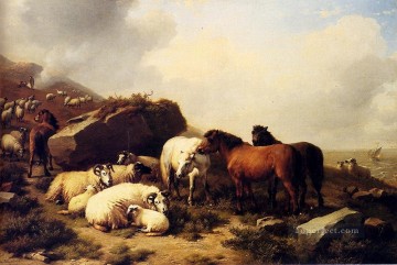 Eugene Joseph Verboeckhoven Painting - Horses And Sheep By The Coast Eugene Verboeckhoven animal